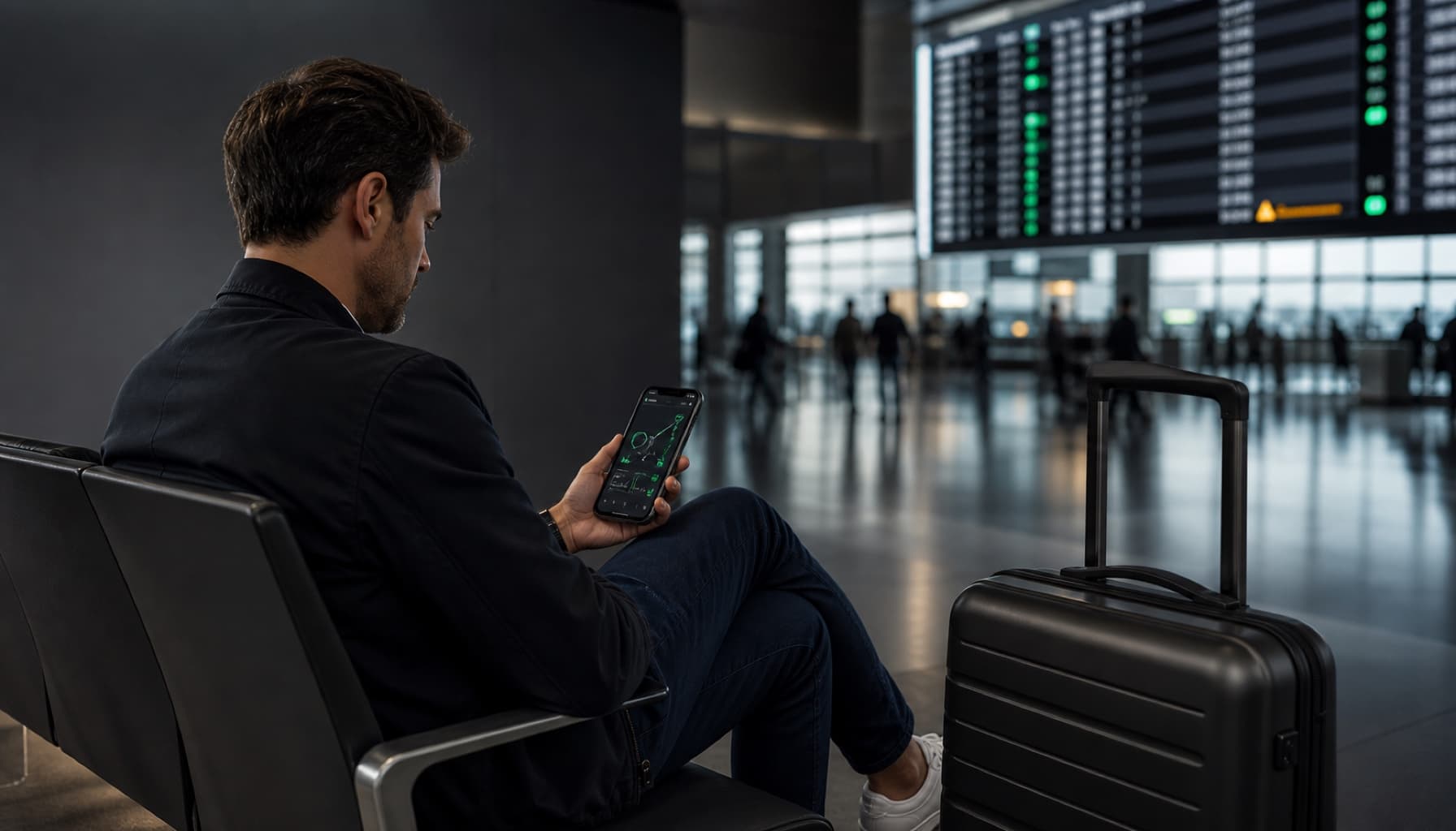 Traveler reviewing AI-assisted flight options on a dark route-planning display
