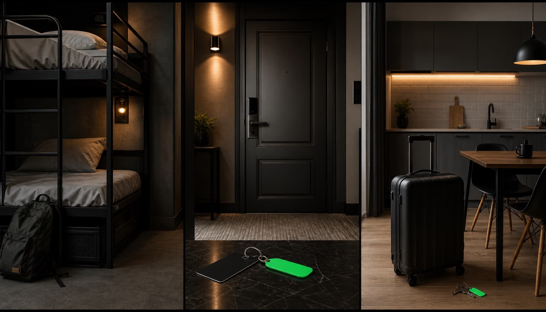 Hotel room, apartment, and hostel bed compared in a three-panel travel display