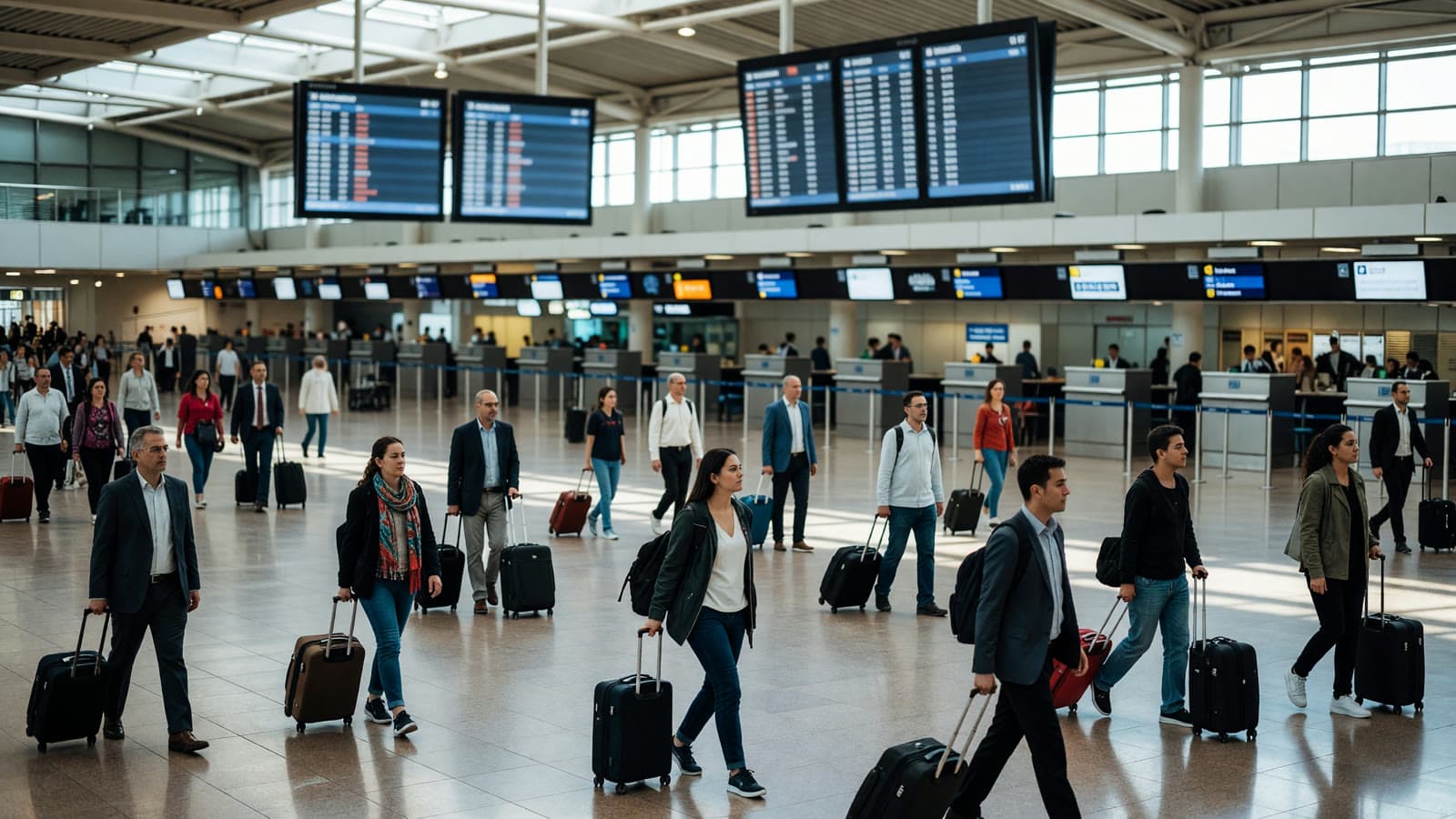 Crowded airport departure hall with travelers and flight boards