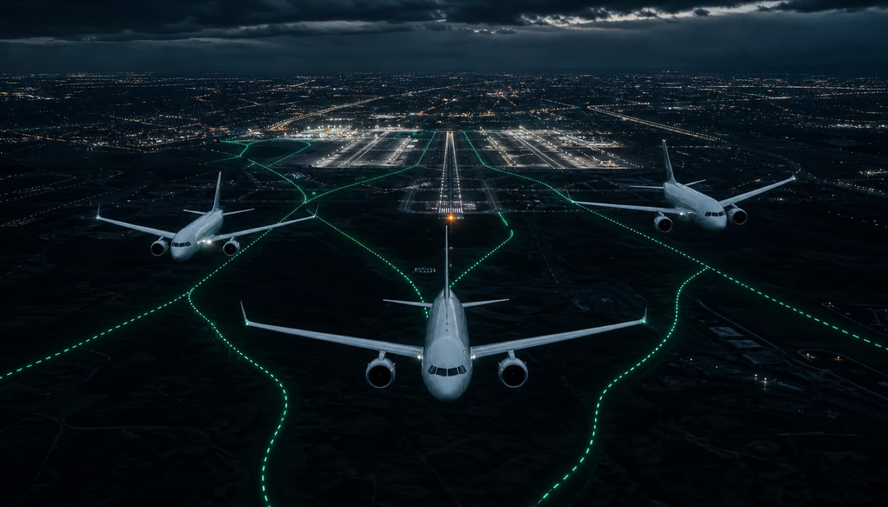 Three interlocking global airline networks traced across a dark world map