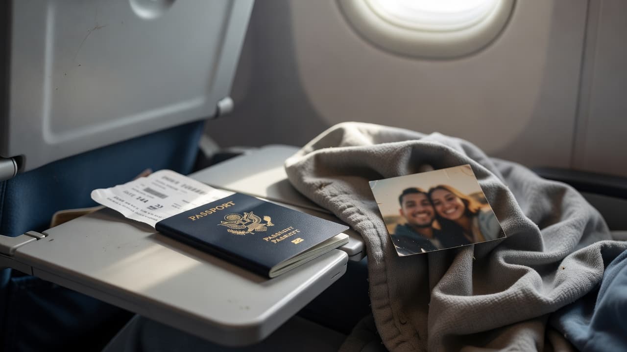 Passport and boarding pass on an airplane tray table