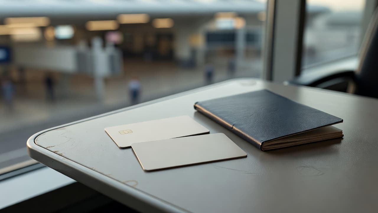 Two unbranded cards and a passport on an airport table