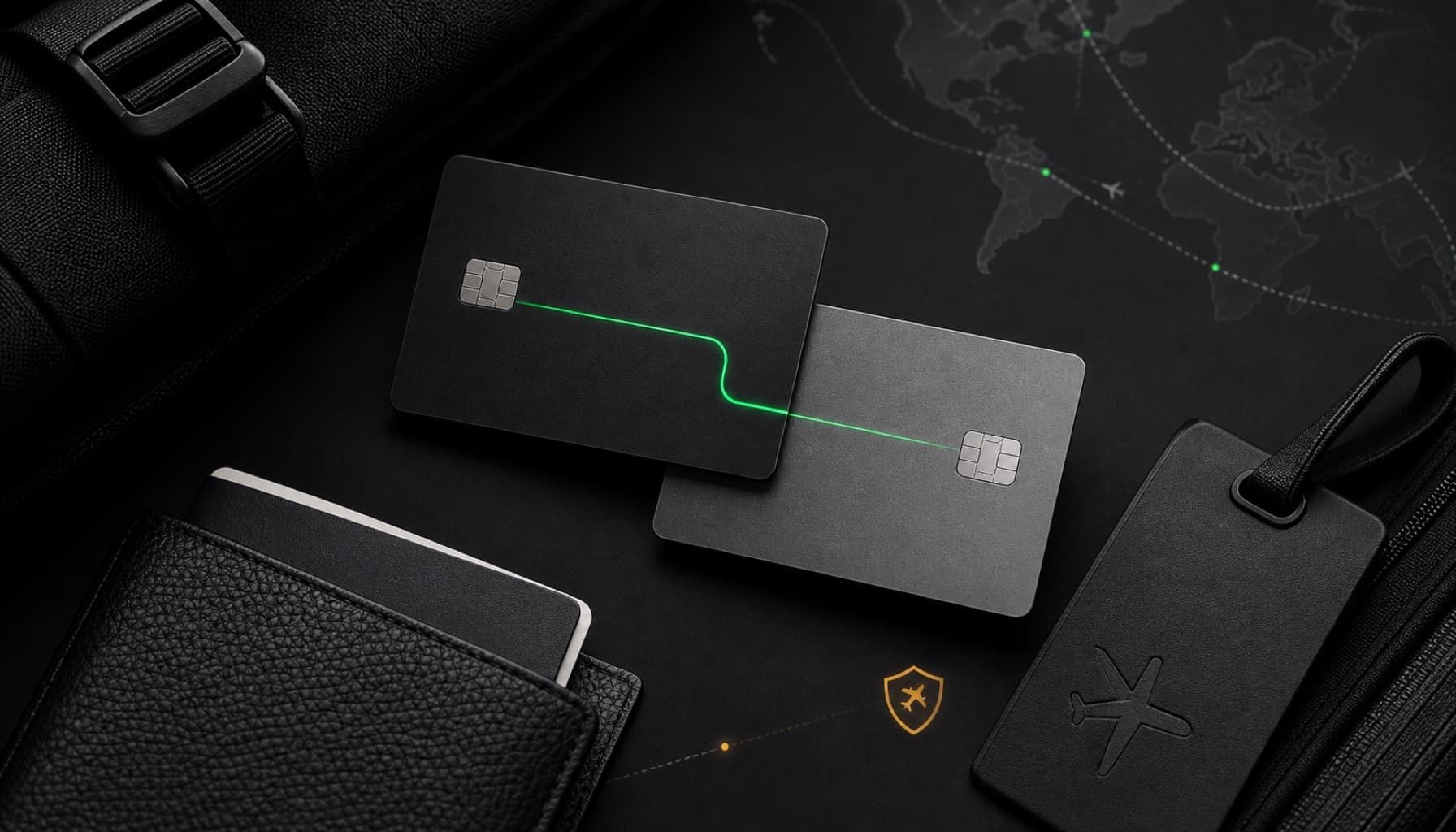 Two unbranded travel cards combining rewards and trip benefits on a dark display