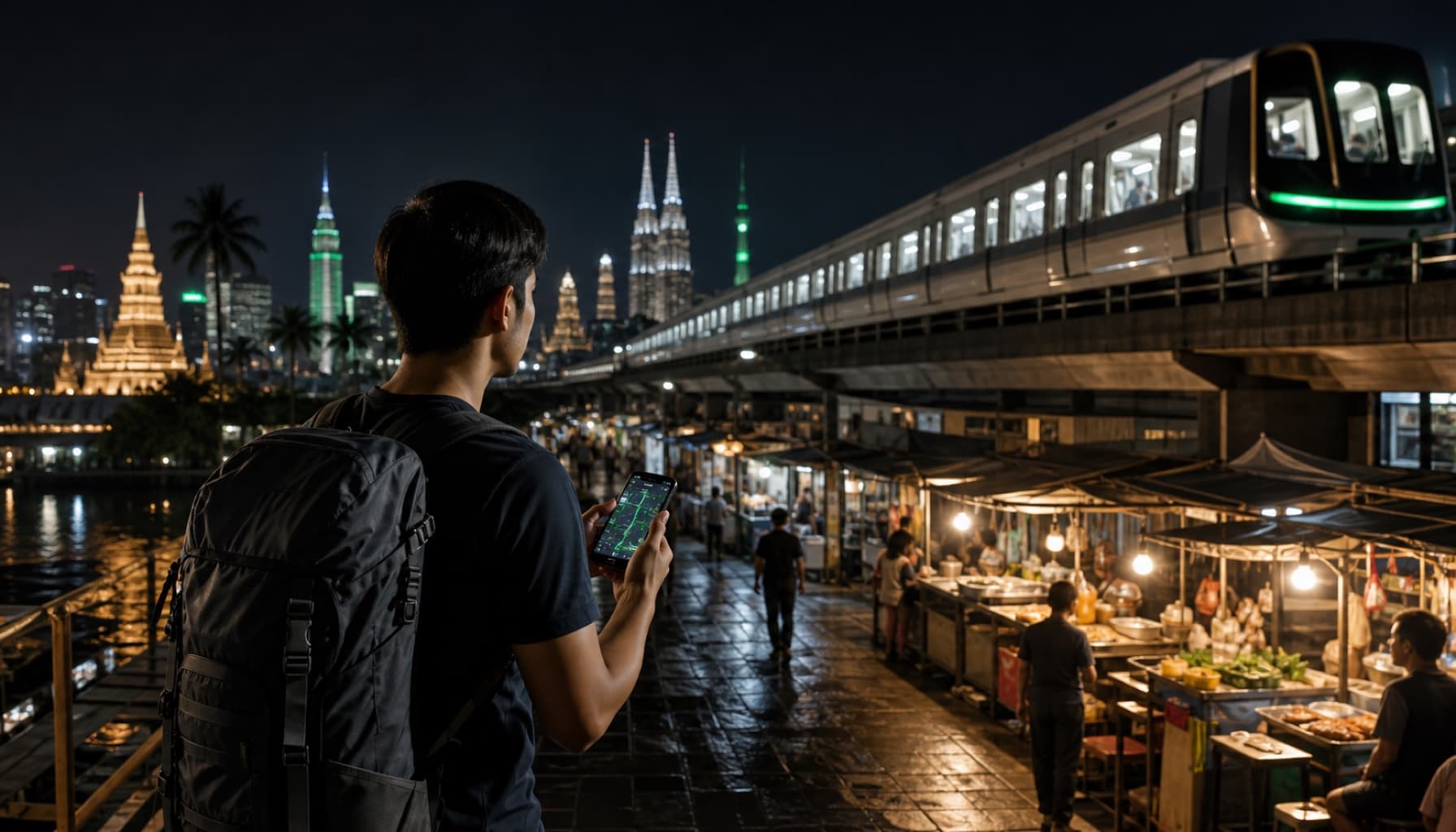 Backpacker route across Asian cities with a clear daily travel budget display