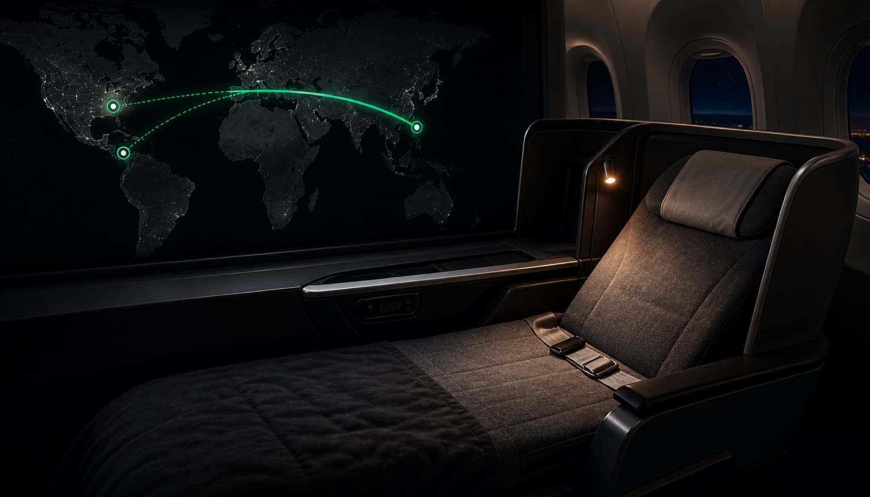 Premium airline seat beside a route map showing lower-cost booking paths