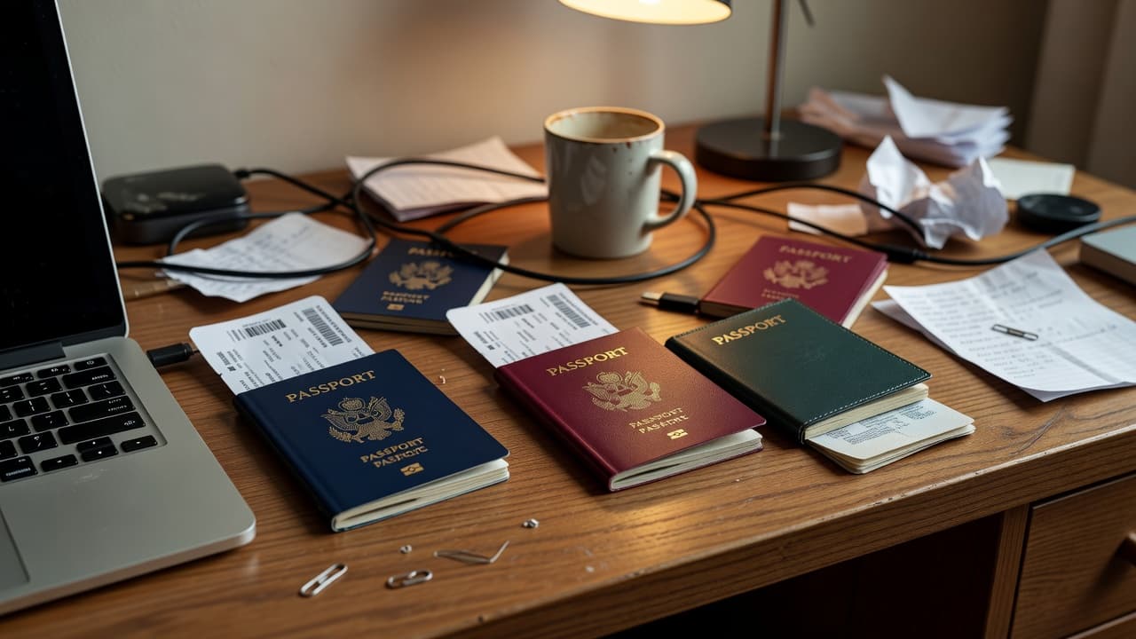 Passports from different countries on a messy desk with boarding passes