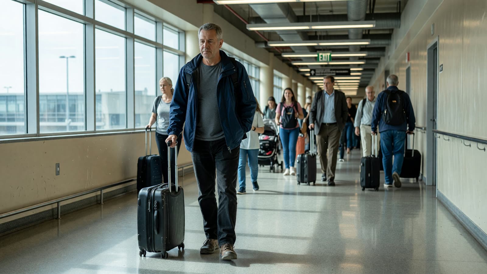 Empty airport corridor with a traveler walking toward the gates