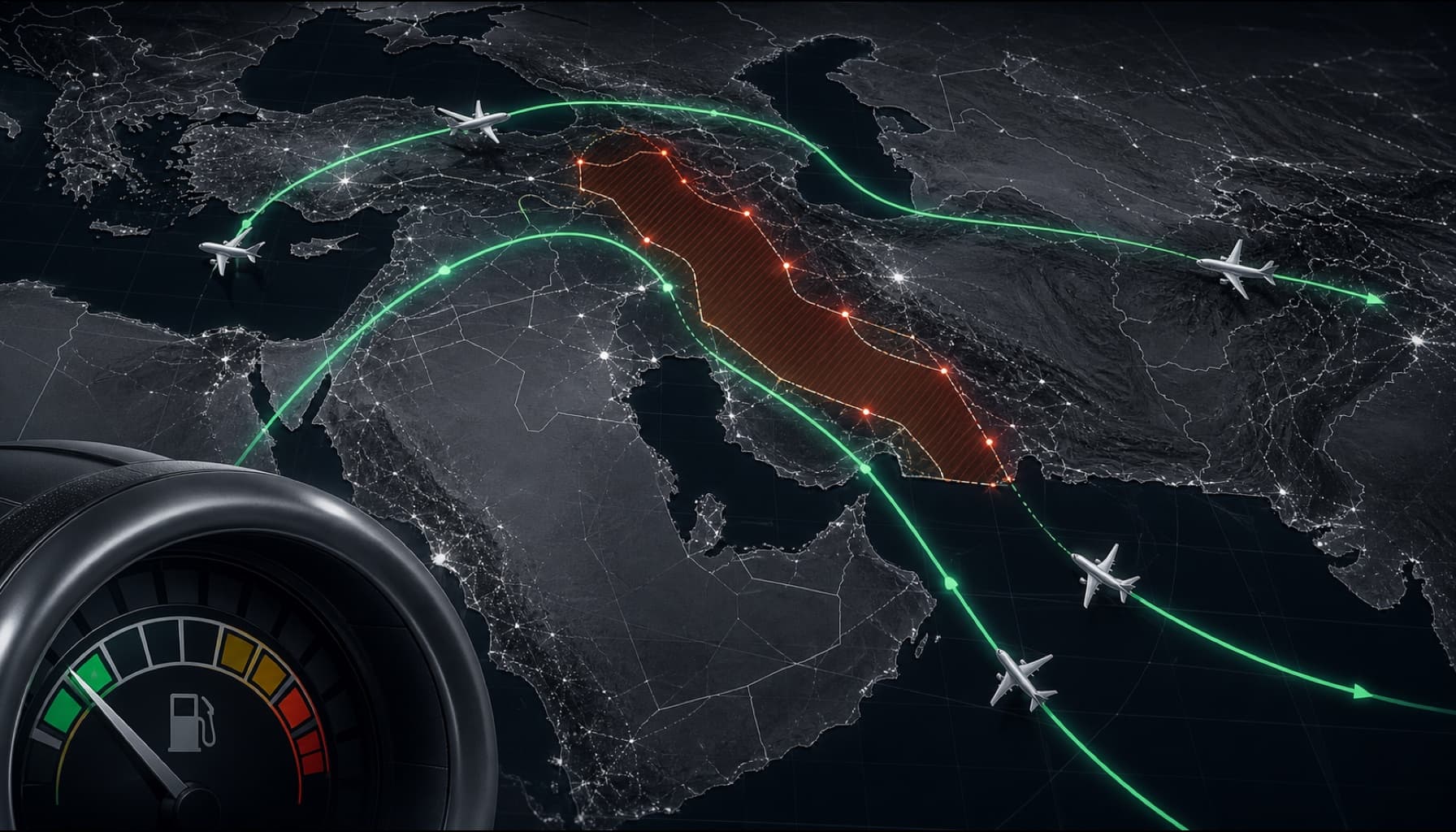 Commercial flights rerouting around restricted Middle East airspace on a dark map