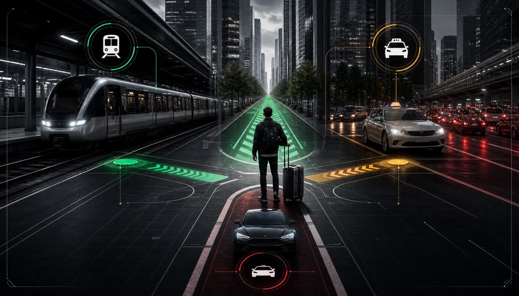 Traveler choosing between a metro, taxi, and private car at a city intersection