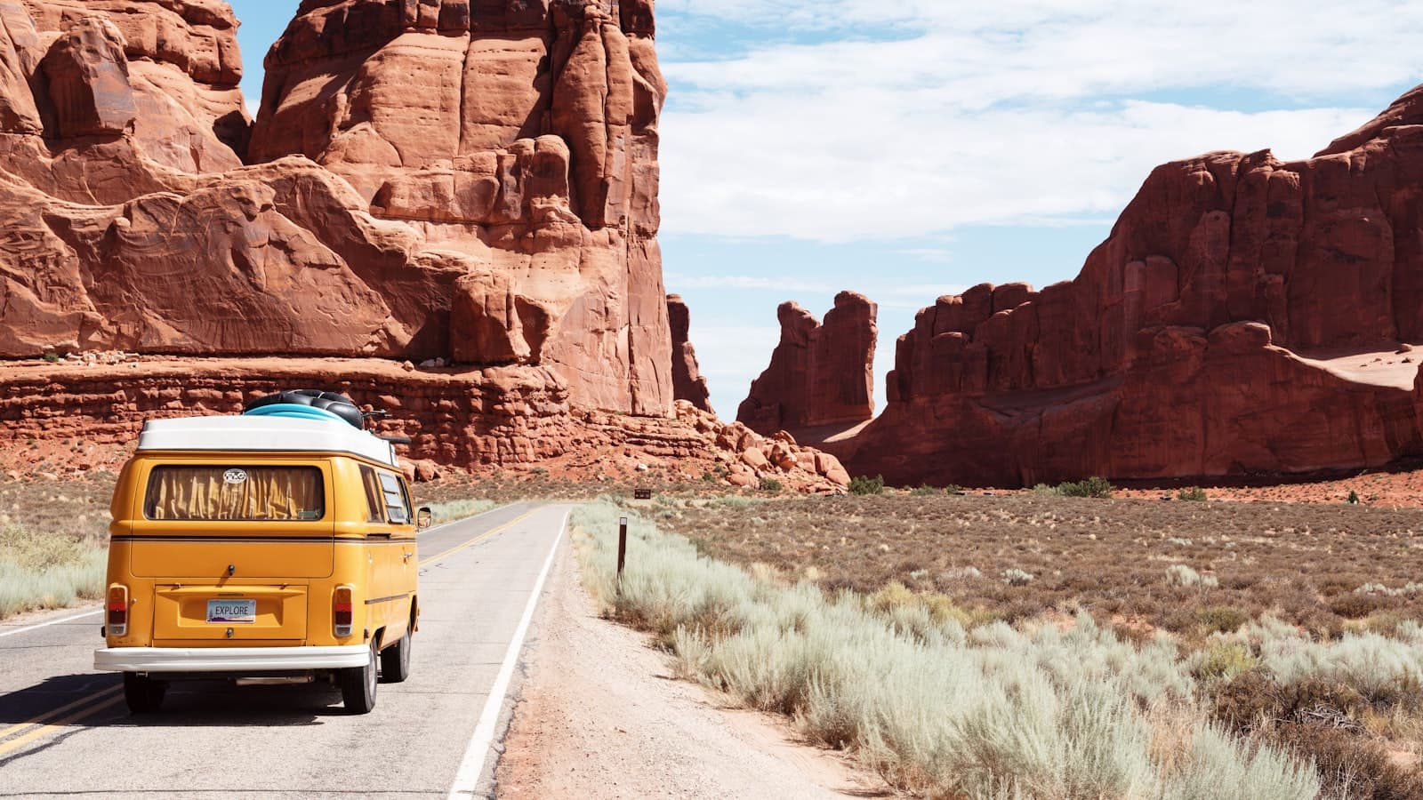 Yellow camper van on a desert highway