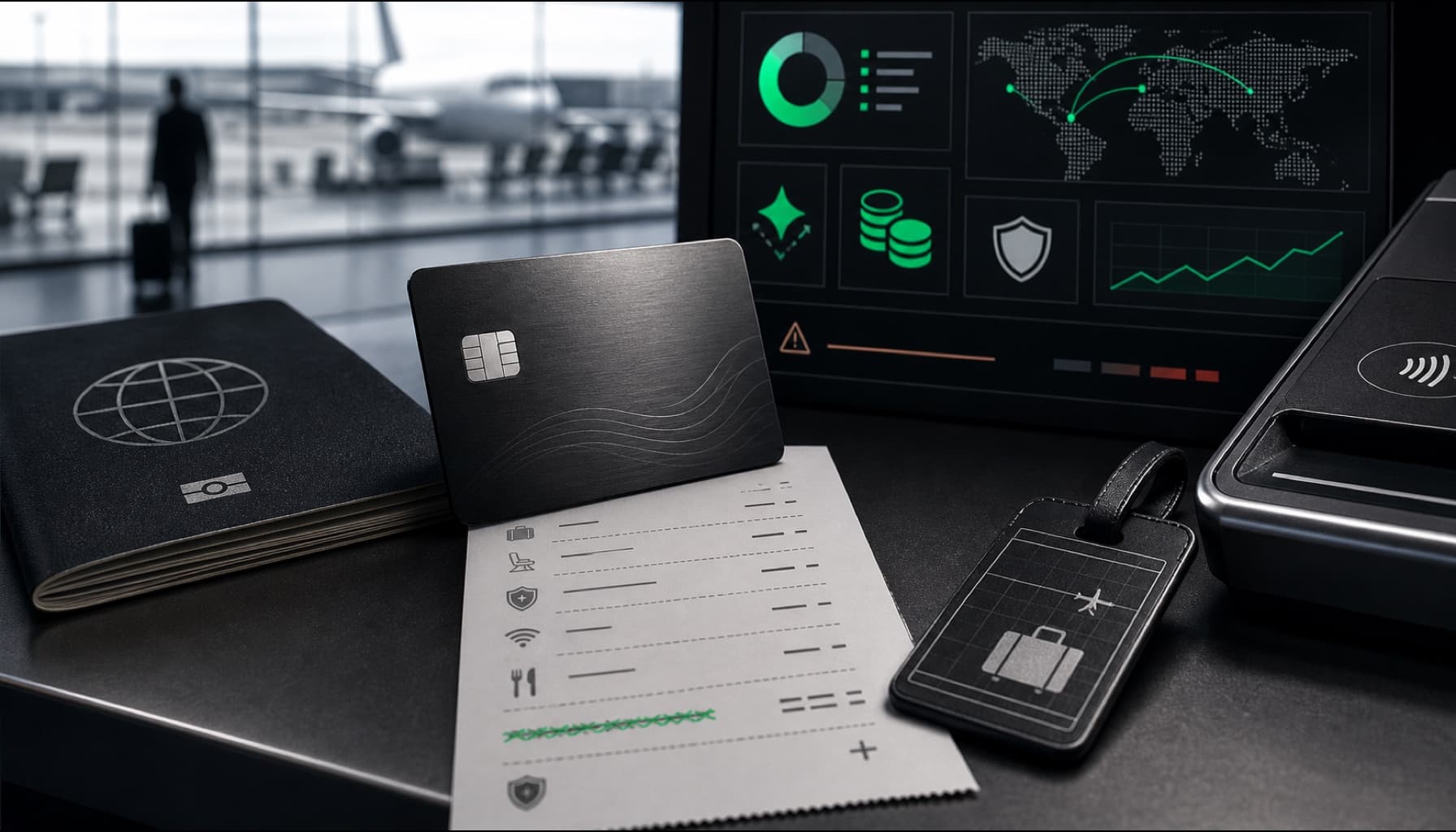 Unbranded travel card, passport, luggage tag, and fee receipt at an airport