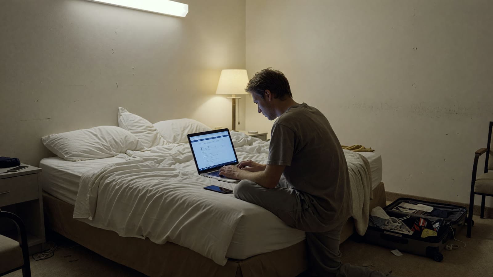 Traveler using a laptop in a dim hotel room