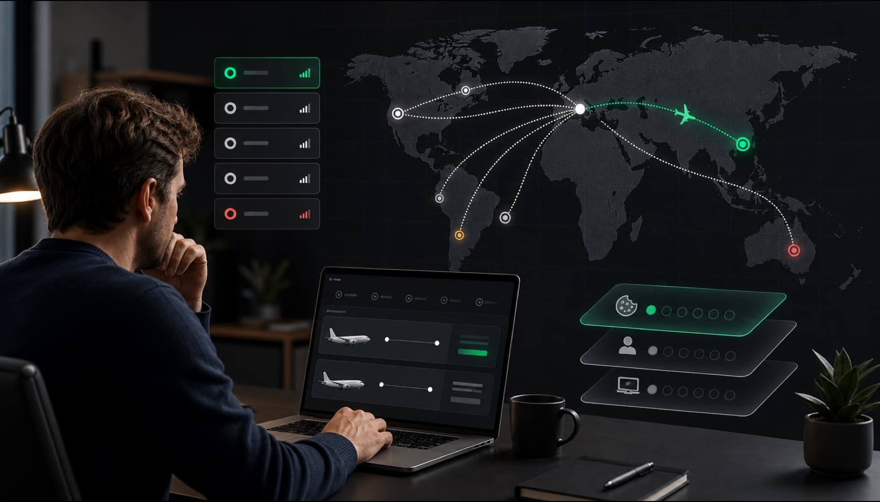 Traveler comparing the same flight through several geographic network locations