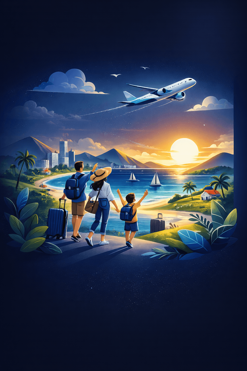 Traveling family with airplane above a beach destination at sunset